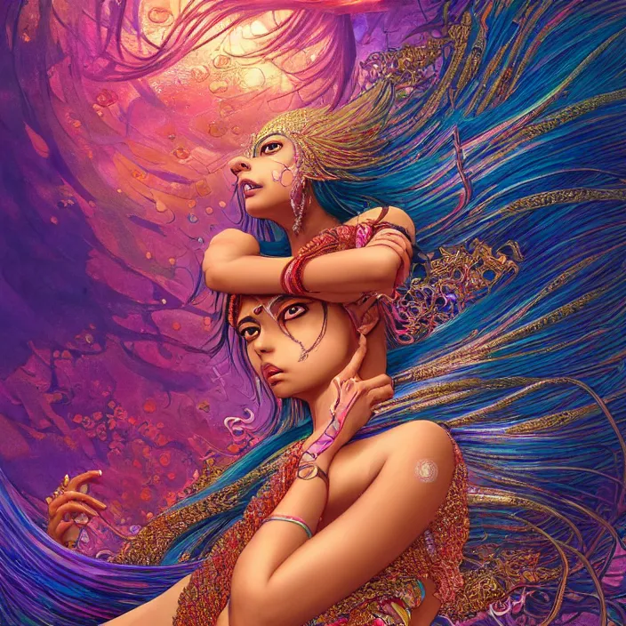 Prompt: ultra detailed illustration of a angry indian anime girl, skin covered in a sea of iridescent liquid, chrome metal material, lost in a dreamy oriental realm by Karol Bak, Moebius, hiroshi yoshida, Druillet, xsullo, colorful, front view, vivid colors, 8k, coherent, anime vibes, uplifting, magical composition, artstation, synthwave, 8k, coherent, artgerm, uplifting, unreal engine, magical composition, artstation