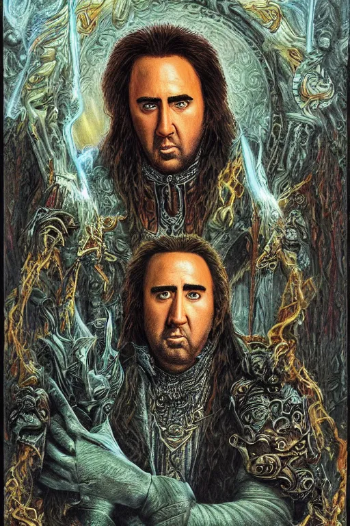 Prompt: portrait of Nicolas Cage as wizard, fantasy, intricate, highly detailed, illustration by ken kelly