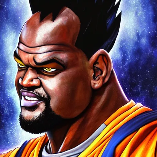 Prompt: ultra realistic portrait painting of shaquille o'neal as super saiyan goku, art by akira toriyama, 4 k, dragon ball artstyle, cel shaded, highly detailed, epic lighting