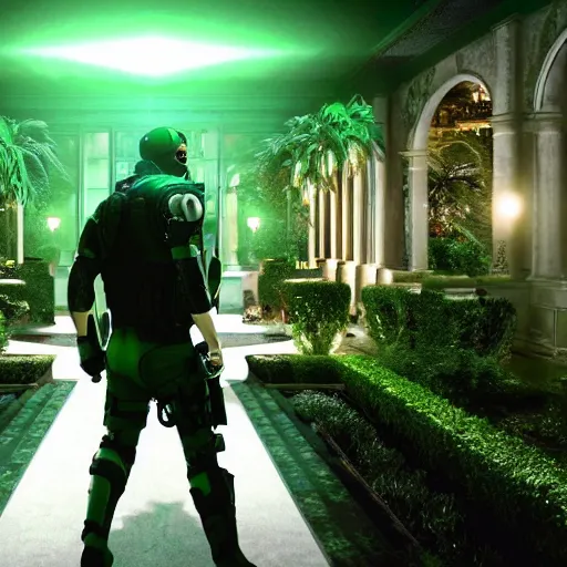 Prompt: splinter cell sam fisher infiltrating Mar a Lago 4k subscatter video game lens flare