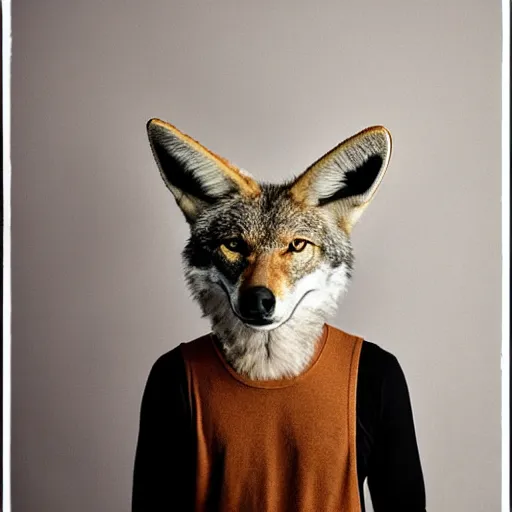 Prompt: (man) with a coyote head standing in a plain white room studio photo