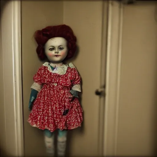 Image similar to creepy vintage doll in darkly lit hallway