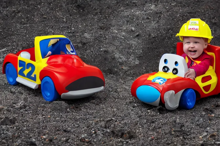 Prompt: fisher price race car through suburban mountains, construction in the distance Scene from TV show 85mm