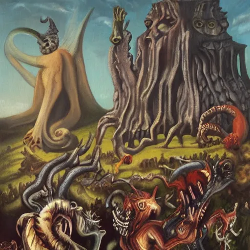Prompt: monster animals straight out of the mind of H. P. Lovecraft are attacking an amusement park (oil painting by Vincenzo Camuccini)