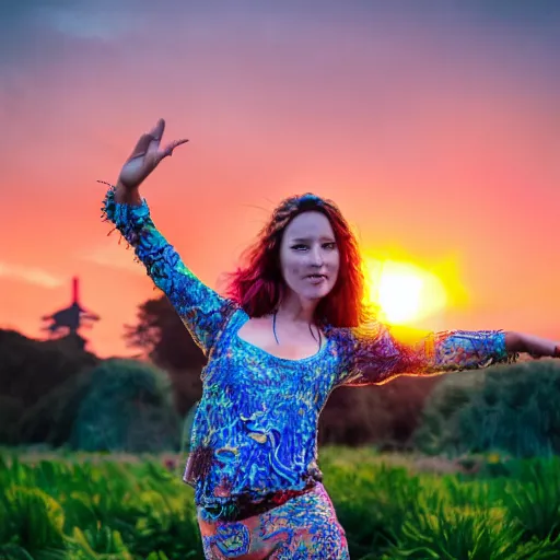 Prompt: a full body portrait of a beautiful hippie girl dancing in golden gate park at sunset, giant psychedelic mushrooms in the background,