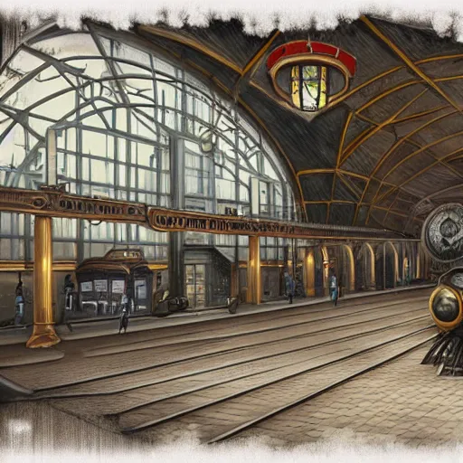 Image similar to realistic digital painting of a steampunk train station, Victorian, futuristic