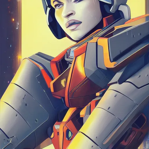 Image similar to a portrait of a stunning beautiful elite megan fox gundam pilot, with an intricate, detailed, urban inspired hiphop afro futuristic helmet, vector behance hd jesper ejsing, rhads, makoto shinkai, lois van baarle, ilya kuvshinov, rossdraws, hd, 3 2 k, ilya kuvshinov, gustav klimt