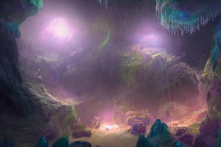 Image similar to a magical cave full of crystals, concept art, artstation, fantasy, mist, volumetric lighting