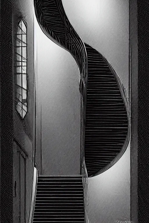 Prompt: looking down a flight of stairs at a black cat, digital illustration, artstation, artstation hq, hd