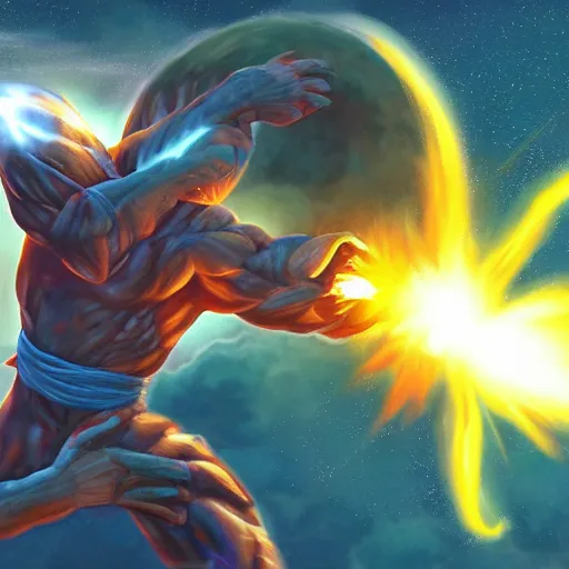 Prompt: Epic awesome painting of Joe Biden shooting his Kamehameha beam through an exploding planet, awesome, trending on ArtStation