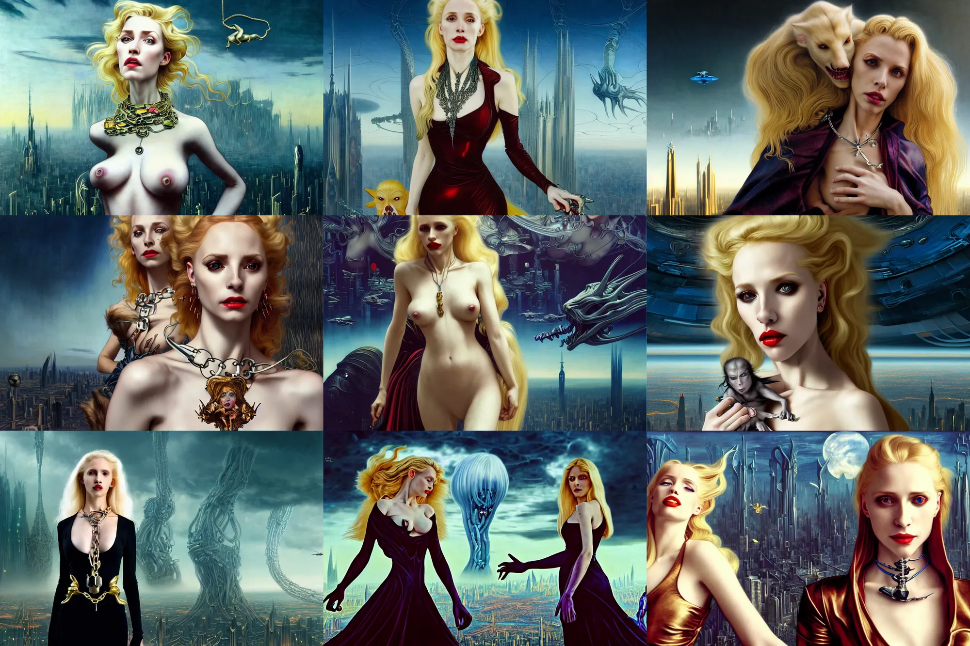 Prompt: realistic detailed portrait movie shot of a beautiful blond vampire woman with a cerberus, futuristic city background by denis villeneuve, amano, yves tanguy, alphonse mucha, max ernst, kehinde wiley, caravaggio, roger dean, cyber necklace, rich moody colours, sci fi patterns, wide angle