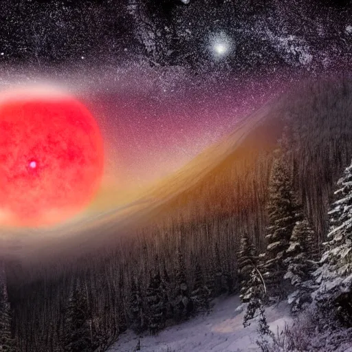 Prompt: A heavily-forested valley surrounded by snow-capped mountains at night, a red nebula and orange gas giant with rings in the sky, no clouds, sci-fi, photorealistic, landscape