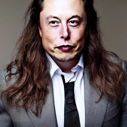 Image similar to A portrait photo of Elon Musk with very long hair