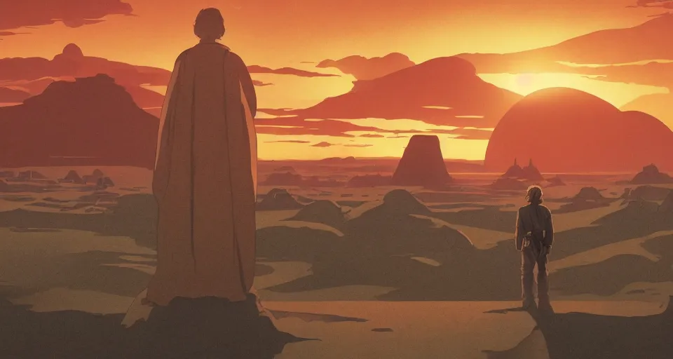 Image similar to beautiful wide shot tatooine landscape, Luke skywalker watches binary sunset from moisture farm, Star Wars a new hope 1977, studio ghibli, Miyazaki, Greg rutkowski, Alphonse mucha, Moebius , animation, golden hour, highly detailed, hdr, vivid color, 70mm