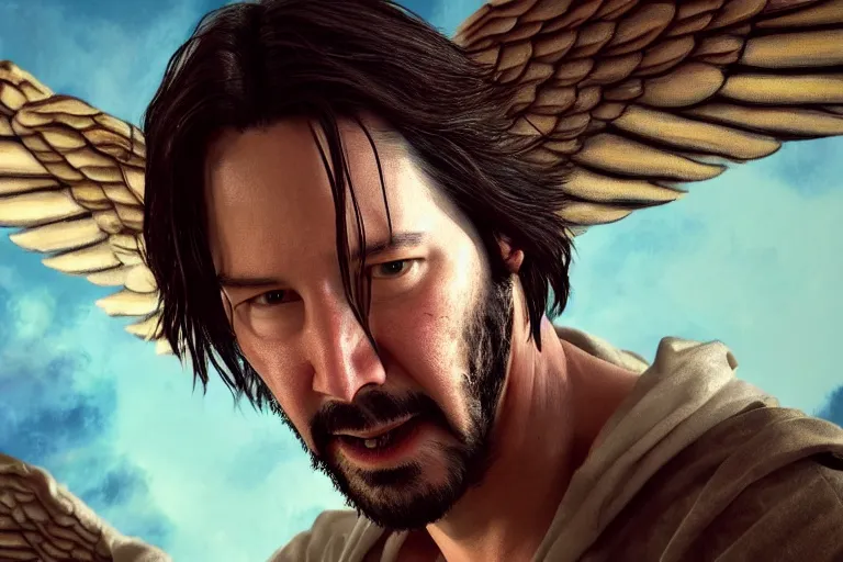 Prompt: An epic and beautiful painting of keanu reeves as god, with wings. ultra-detailed, 8k, octane render