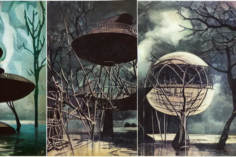 Image similar to spherical tree houses in flooded street ( ( ( ( painting by aaron douglas ) ) ) ) painting by h. r. giger painting by alvar aalto