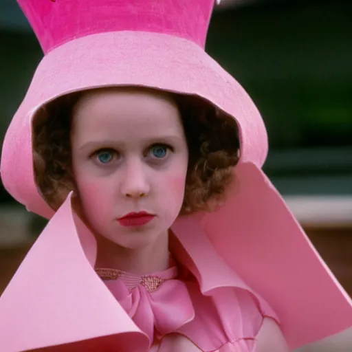 Prompt: an infallible princess wearing a pink dress and cone shaped hat, high resolution film still, live-action film by Tim Burton and Simon Langton