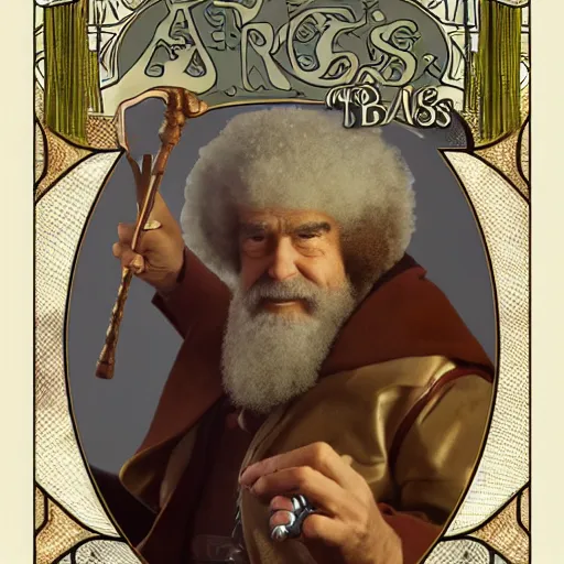 Image similar to an ultra detailed tarot card of bob ross smoking a pipe and dressed as a fantasy bard, d & d, epic fantasy, concept art by alphonse mucha and greg rutkowski, octane render, 8 k, detailed face