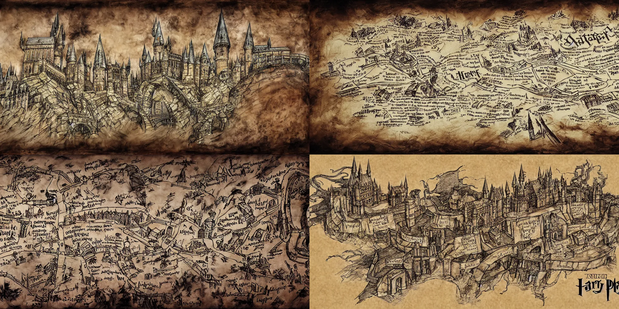 Prompt: concept art from harry potter movies, marauders map of hogwarts school, with names, mischief managed, ink painting on realistic ripped leather, octane render, 8 k
