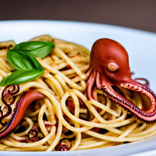 Image similar to an octopus on top of a plate of spaghetti, professional photography