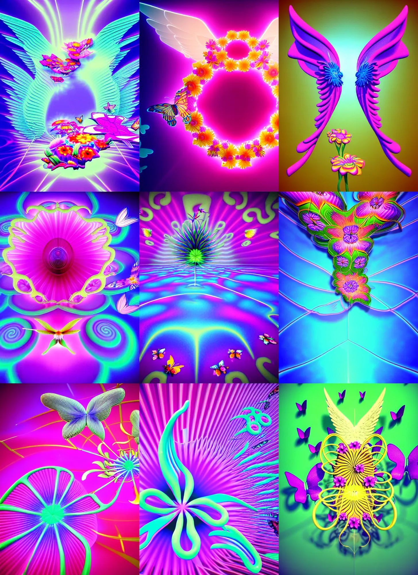 Prompt: 3d rendered flower in the style of Ichiro Tanida 3D render wearing angel wings against a psychedelic swirly background with 3d rendered butterflies and 3d rendered flowers n the style of 1990's CG graphics 3d rendered y2K aesthetic by Ichiro Tanida, 3DO magazine