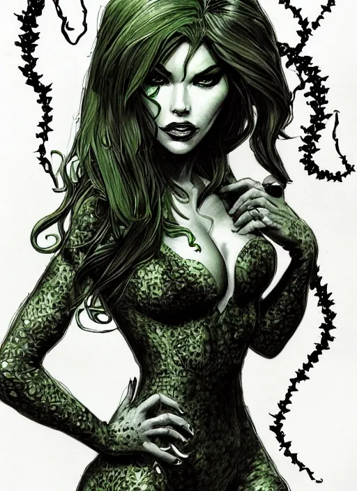 Image similar to concpet art, full shot, traditional ink, sketch, of poison ivy, line sketch, intricate, elegant, highly detailed, monochrome, digital painting, artstation, concept art, green, black, red ink sharp focus, illustration, art by borderlands 3 and peter polach