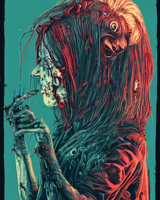 Prompt: trent reznor with long hair as a decaying zombie, horror, high details, bright colors, striking, intricate details, by vincent di fate, artgerm julie bell beeple, 1 9 8 0 s, inking, vintage 8 0 s print, screen print