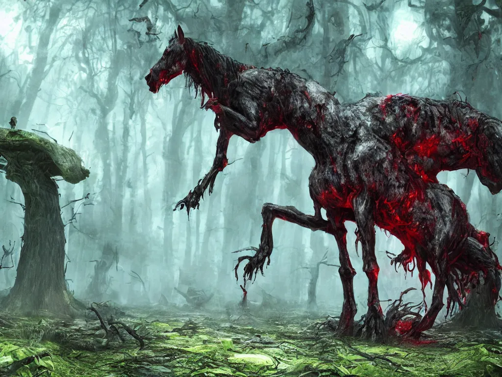 Prompt: Evil zombie horse with red eyes, in a dark toxic mushroom forest. 4K. Concept art. Unreal engine. Highly detailed. Style of Lovecraft.