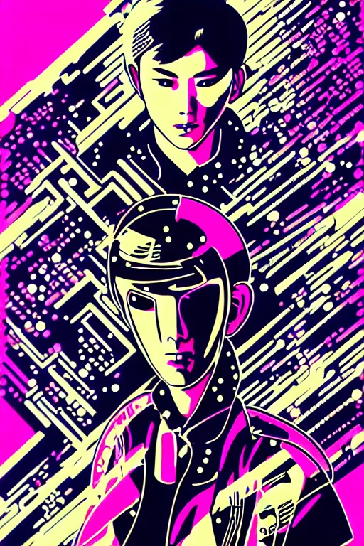 Image similar to futuristic japanese cyberpunk by roy lichtenstein, by andy warhol, ben - day dots, pop art, bladerunner, pixiv contest winner, cyberpunk style, cyberpunk color scheme, mechanical, high resolution, hd, intricate detail, fine detail, 8 k