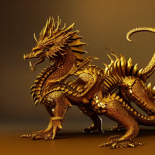 Prompt: a golden dragon that is heavily injured with a stump leg, fantasy, intricately detailed, 8 k render, ultra high resolution, trending on artstation