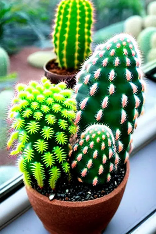 Image similar to crystals shaped like exotic succulent fern strange cacti, a potted plant made of gemstones in a windowsill