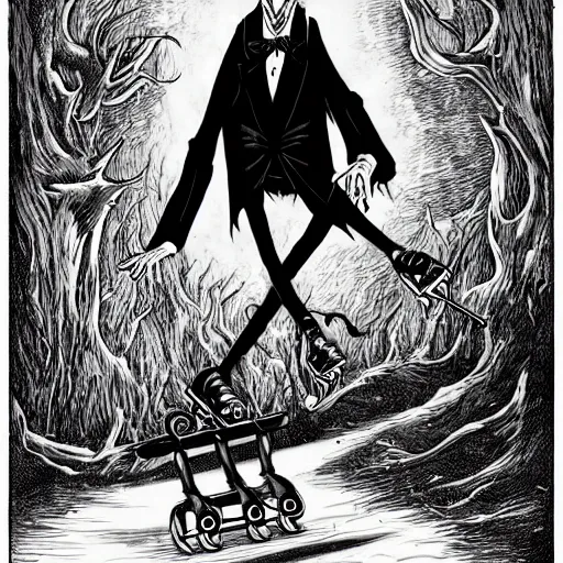 Image similar to black and white trippy comic art of dracula the vampire roller skating on roller skates, drawn by martin rowson, tim burton, studio ghibli, alex pardee, nekro petros afshar, james mcdermott, surrealist, cgsociety 4 k