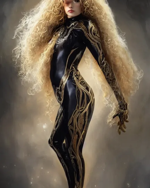 Prompt: a pretty androgynous albino prince in a black gilded obsidian bodysuit, long fluffy golden blonde curly hair, digital painting, sci-fi setting, symmetrical features, Daniel Gerhartz, high detail intricate, artstation, WLOP, Artgerm, J. Scott Campbell; Olivia De Berardinis, Daniel Gerhartz, jack kirby, mysterious vibes