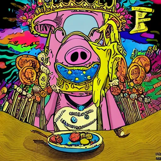 Image similar to trippy comic art of a pig wearing a gold crown eating snacks, drawn by Martin Rowson, Tim Burton, Studio Ghibli, Alex Pardee, Nekro Petros Afshar, James McDermott, colors by lisa frank, unstirred paint, vivid color, cgsociety 4K