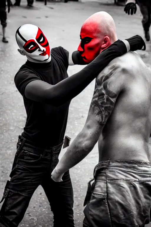Image similar to nazi skinhead fight with masked antifa, high resolution, photorealistic, smooth, details, 4 k, aesthetic lighting, baroque object, sharp focus, hyperdetailed object, professional photography, pullitzer winning, 8 0 0 photo by : canon eos 5 d mark iv, by karah mew and adnan abidi and jodie bateman
