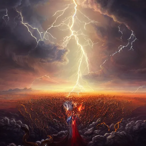 Image similar to gods fighting against the surrealistic outer enemies, scene of myth, cosmic horror, lightening, thunder, tornado, apocalypse, artgerm style, high quality, high definition digital art, highly detailed 8K