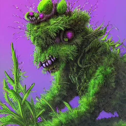 Image similar to A plant monster, highly detailed, digital art, sharp focus, trending on art station, leaves, moss, ferns, thistle