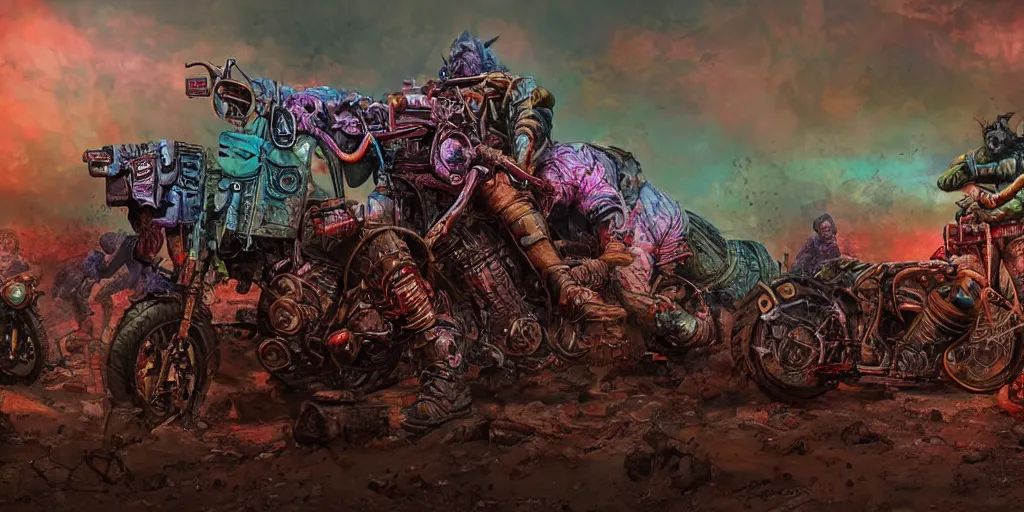 Image similar to psychedelic post apocalyptic orcish biker gang, incredibly detailed motorcycles, sharp focus, psychedelic colors, artstation, cgsociety