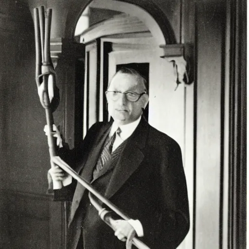 Image similar to a rutgers university president looking wistfully at a cane mounted on the wall of his office, 1 9 2 8