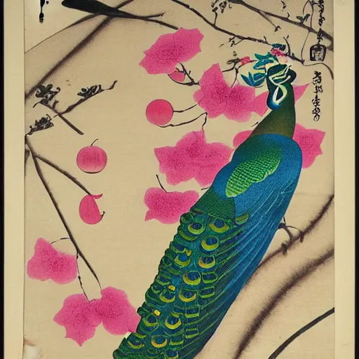 Prompt: green peacock and cherry blossoms by ohara koson and wassily kandinsky and hr giger and georgia okeeffe, shin - hanga style, woodblock print