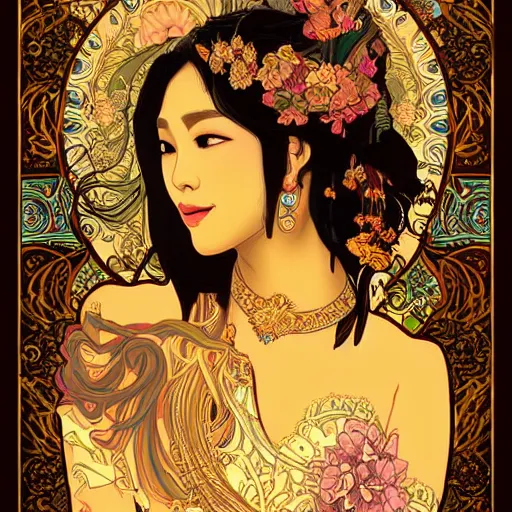 Prompt: beautiful bali princess by kittichai rueangchaichan, floralpunk, Artstation, art nouveau aesthetic, Alphonse Mucha background, intricate details, photo realistic, dramatic