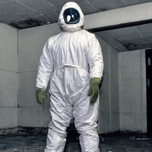 Image similar to news reporter in a hazmat suit 1 9 9 0 s news found footage of an abandoned soviet downtown with a humanoid scp hidden in background, liminal space, backrooms, scp, film grain, rundown, eerie, dark lighting, 3 5 mm, realistic, photograph, hazmat suits, foggy, silent hill style, detailed, hyperrealistic