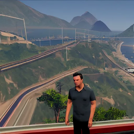 Image similar to high quality ingame screenshot of elon musk in front of Rio de Janeiro in GTA v, GTA v, screenshot GTA v