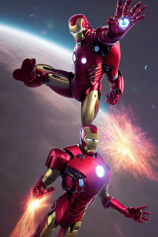 Prompt: iron man floating in space letting go of reality and experiencing the quantum feild, matte painting comic book art, cinematic, highly detailed, realistic, beautiful cosmic neural network, octane render, unreal engine, depth of field, trending on artstation, sharp focus, philosophical splashes of colors