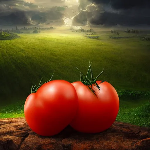 Image similar to a beautiful matte painting of a very sad tomato in a fantasy landscape, by steve argyle and mark arian