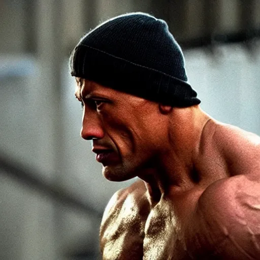 Prompt: a film still, Dwayne Johnson as rocky Balboa, cinematic, best scene