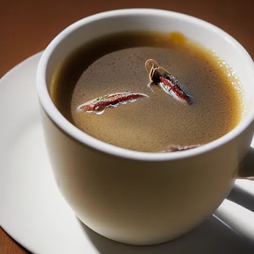 Prompt: an anchovy floating in a white porcelain cup of milk tea, macro restaurant photo