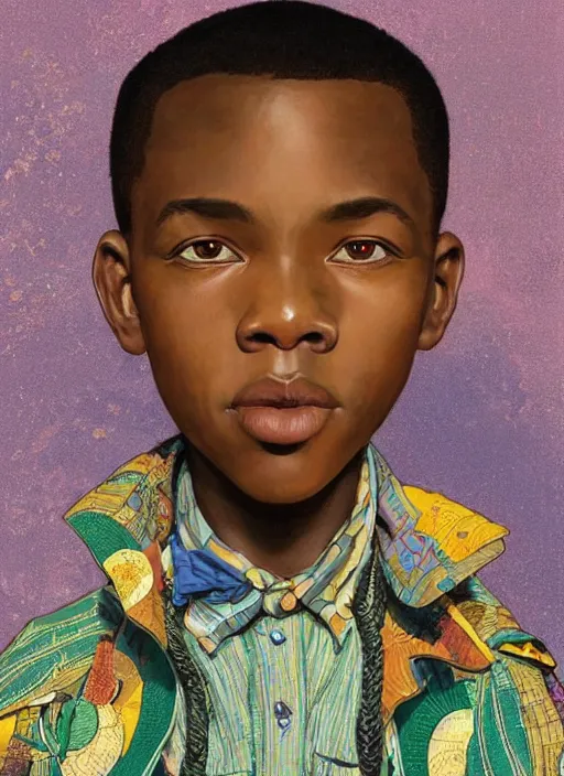 Image similar to colourful upper half portrait of an african boy with proportions in the style of jack davis - presented in magazine collage, art hsiao - ron cheng & alphonse mucha, magazine collage, highly detailed, caricature, digital painting, concept art, ray tracing, illustration, smooth, sharp focus, intricate, symmetry, pinterest, behance, artstation