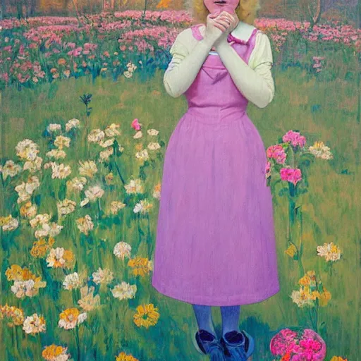 Prompt: A painting of a young girl with blonde hair, blue eyes, and a pink dress. She is standing in a meadow with flowers and trees. mac and cheese, fire, DayGlo pink by Paul Gustave Fischer, by Pieter Claesz, by Hope Gangloff