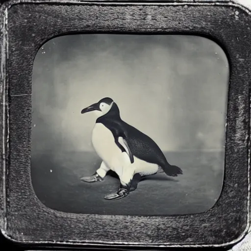 Prompt: ! dream tintype photo of a penguin playing, 1 8 8 0 s